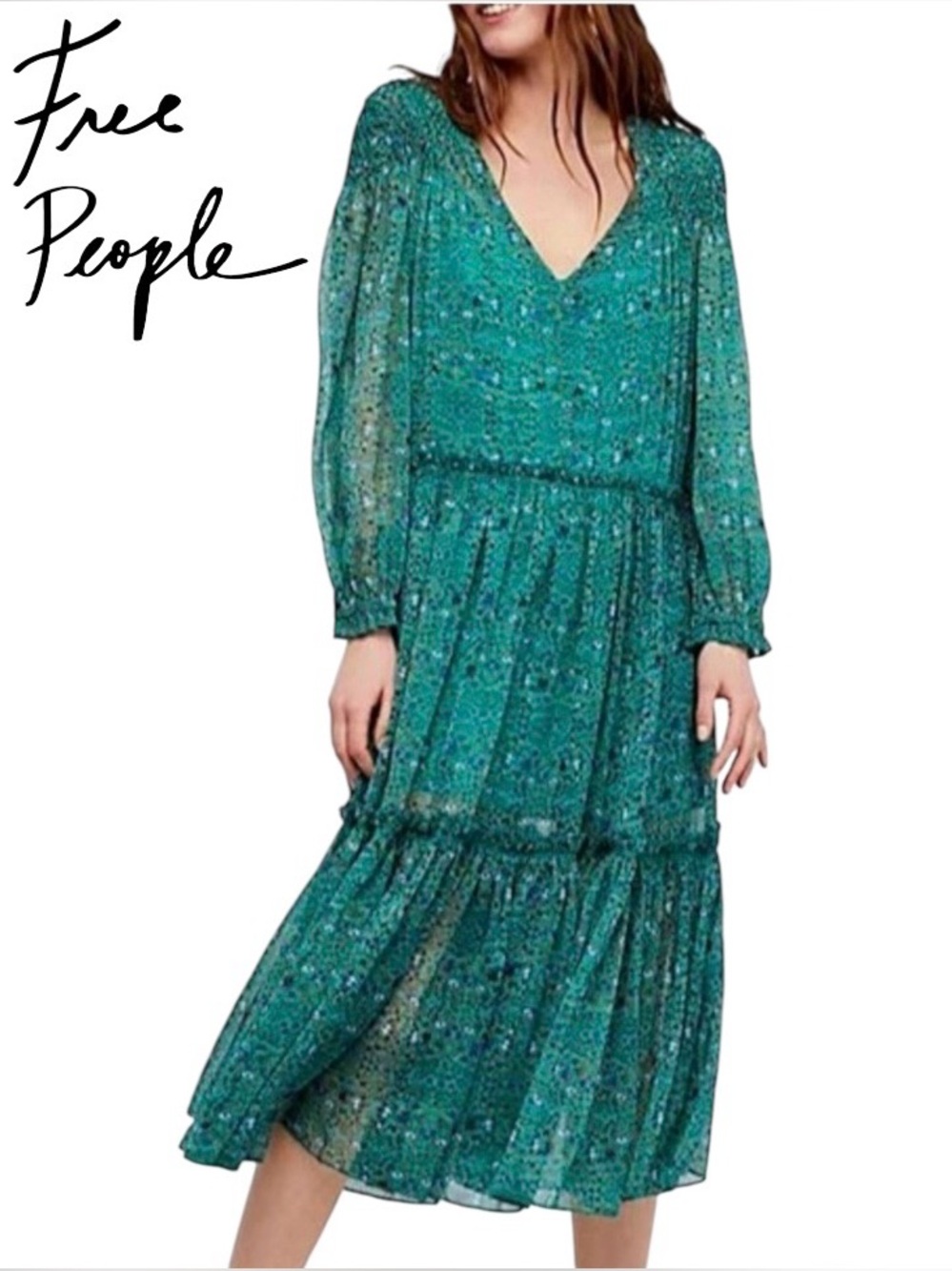 Free People Smocked Shoulder Midi Dress With Printed Chiffon Size Medium NWT